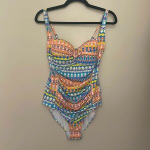 Moontide Womens Twist One Piece Swimsuit Ruched Multicolored Design Sz 10